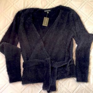 Black wrap eyelash sweater with belt NWT
